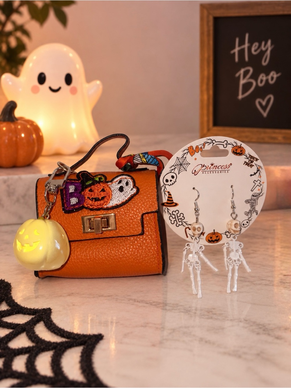 Mini Bag Keychain w/Halloween Patch, Glow in the Dark Pumpkin Charm & Earrings